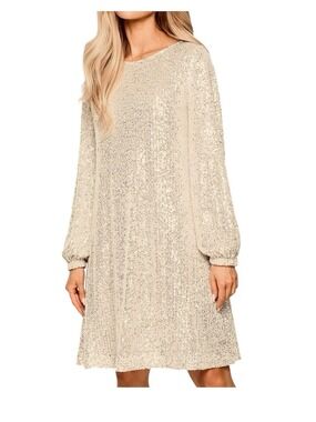 Sequin Long Sleeve Shift Dress in cream-NeW